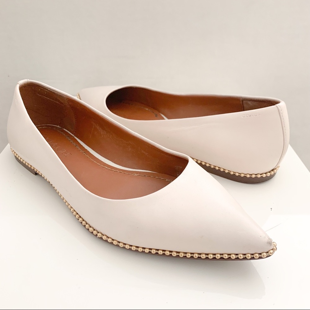 Coach Cream Leather Loafers with Pointed Toe and Beaded Trim